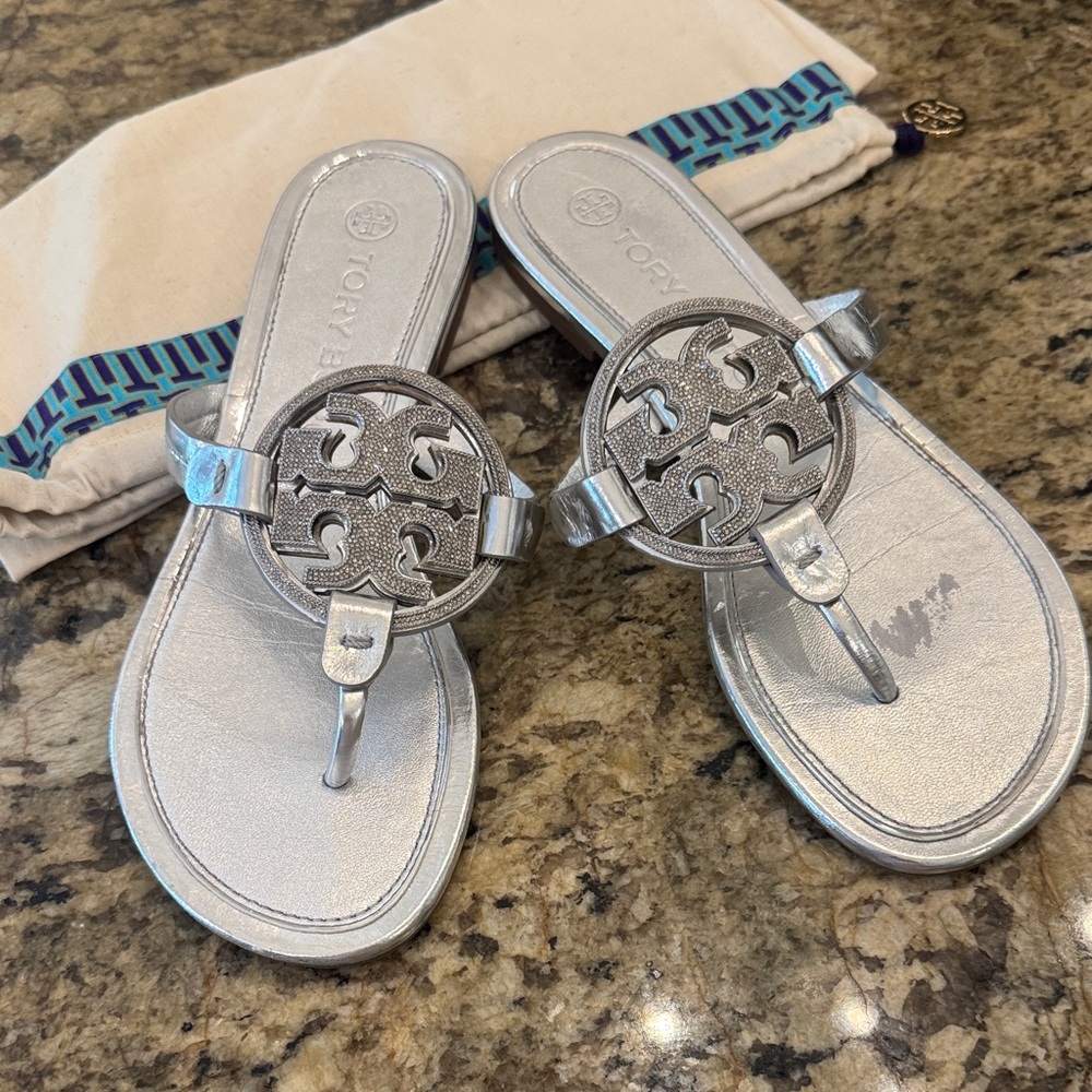 Tory Burch Metallic Silver Thong Sandals